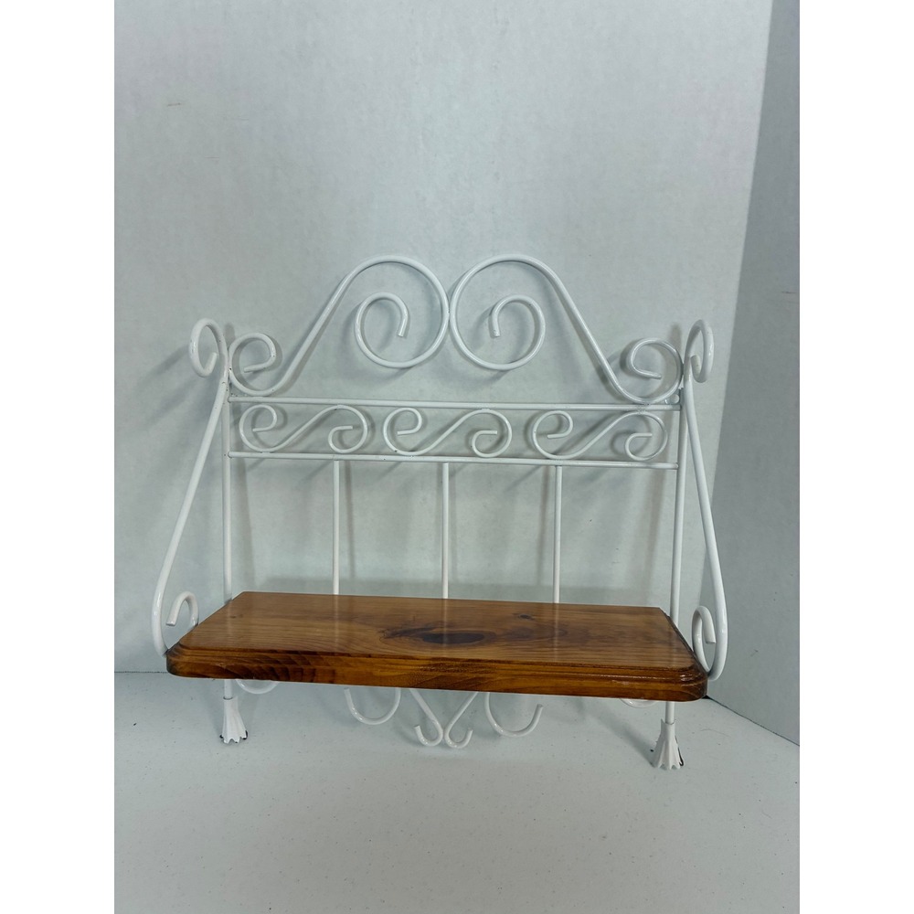 Vintage White Metal Scrollwork Wall Shelf with Wood Inlay Heart Design Hooks